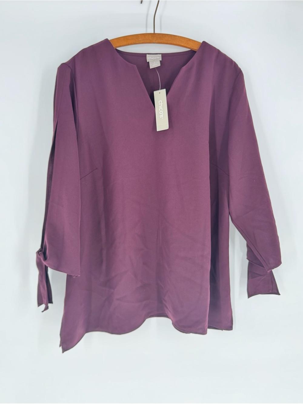 NWT Chico’s Polished Separates Tie Sleeve Popover Blouse Plum Purple Long Sleeve